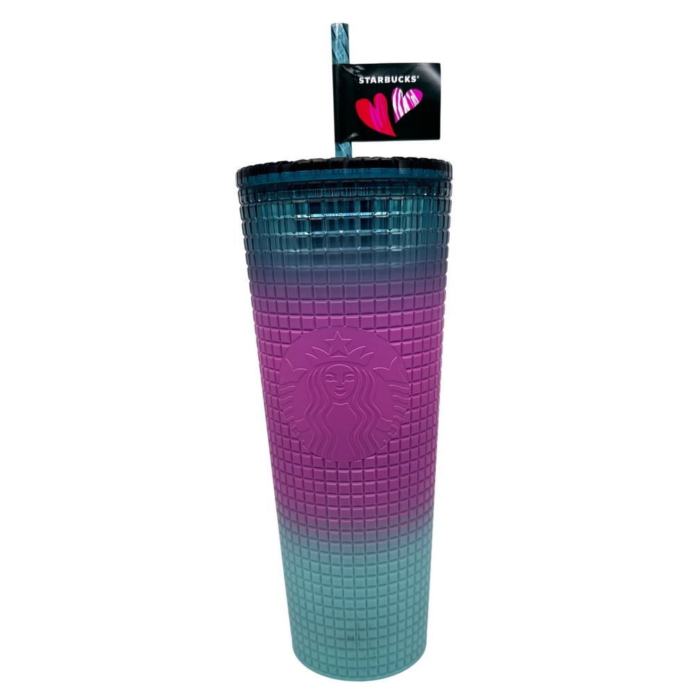 Starbucks Valentine's Day 2024 Ombre Studded‎ Grid Cold Cup Pink Purple Teal NEW